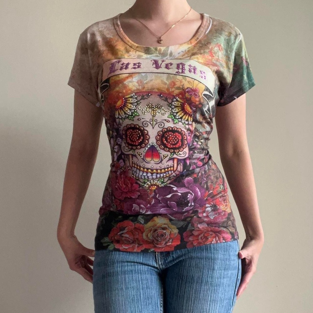 Y2K Las Vegas Sugar Skull Mallgoth Grunge Print Rhinestone T Shirt Women M